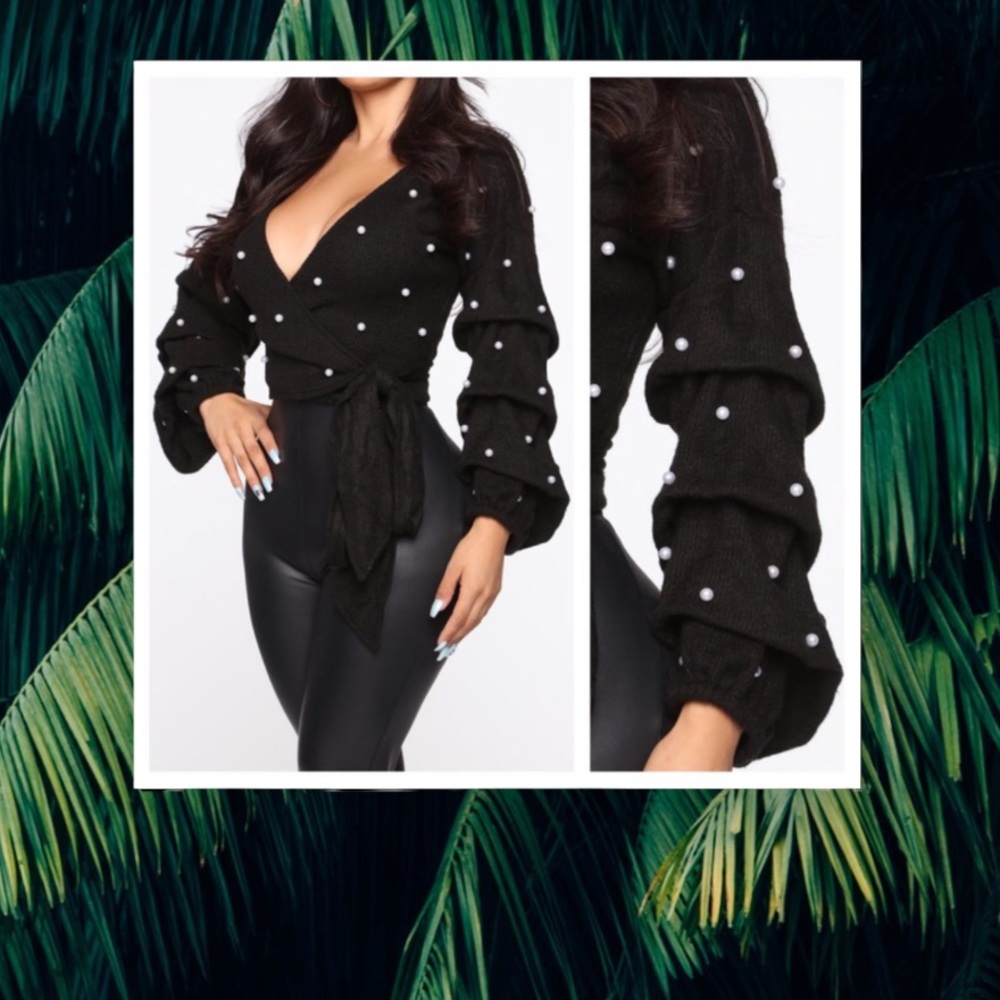 Sassy But Classy Coquette Dark Romantic Pearl Wrap-Around Ruched Sweater